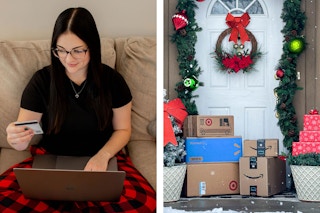 two images if a woman sitting on couch online shopping and a wintery porch with lots of boxes 
