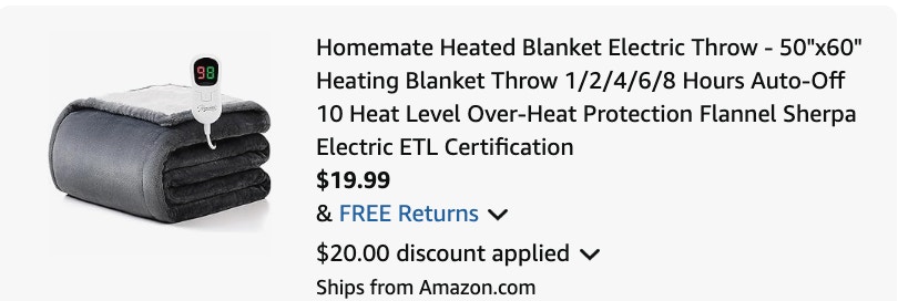 heated blanket Amazon receipt