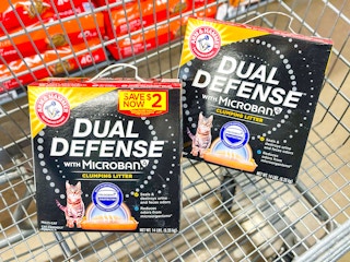 Dual Defense Cat Litter in a Walmart cart