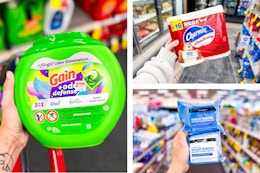 collage image of gain flings, charmin toilet paper, and neutrogena makeup wipes