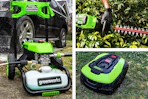 3 lifestyle images of Greenworks outdoor gear: water pressure cleaner, hedger and robot lawn mower