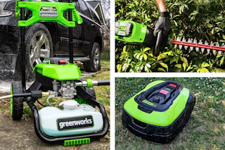 3 lifestyle images of Greenworks outdoor gear: water pressure cleaner, hedger and robot lawn mower