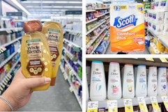 collage with garnier whole blends shampoo, scott toilet paper, and dove body wash