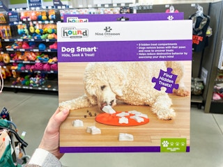 An Outward Hound puzzle box being held in a store aisle