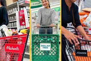 three images of michaels, dollar tree, and joann's carts 
