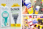 collage image of schick razors, loreal skincare, and lysol wipes