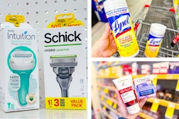 collage image of schick razors, loreal skincare, and lysol wipes
