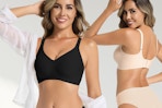 woman modeling different colors of the bra