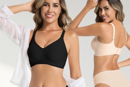 woman modeling different colors of the bra