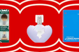 collage image of ecotools makeup brush, ariana grande perfume, and a wexford notebook