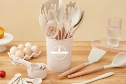 Kitchen Utensils Set - 34 PCS Non-Stick Silicone Cooking Utensils Set with Wooden Handle,Kitchen Gadgets Tools Set for Nonstick Cookware