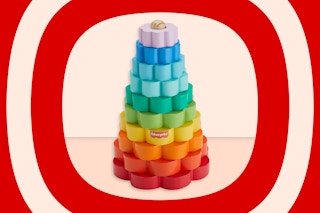 Stock image of the Fisher-Price Stacking Toy over red/cream hypnosis background