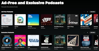 Screenshot of Amazon Music free listing of ad-free podcasts