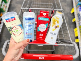 secret deodorant, olay body wash, and old spice in a cvs cart