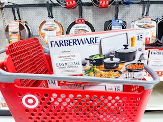 Target Farberware 15-piece cookware set on a Target cart