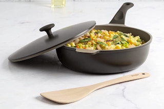 An all-in-one pan with food in it.