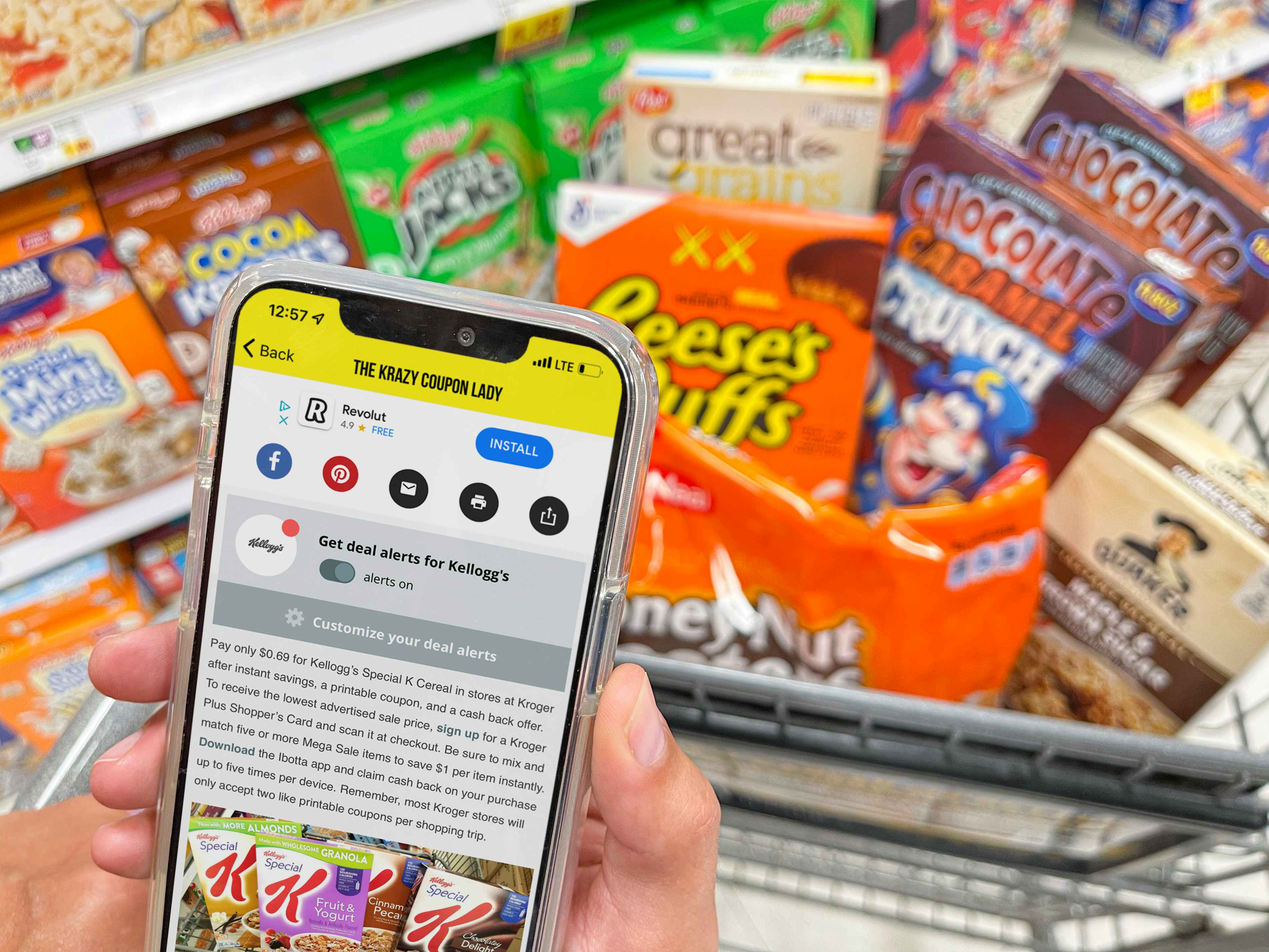 A person's hands holding a cellphone displaying the Krazy Coupon Lady mobile app's page for Kellogg's deals in front of a cart full of ...