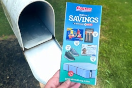 hand holding a costco coupon book july august 2025 at a mailbox
