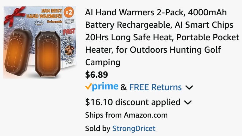 a pack of rechargeable hand warmers for $6.89