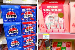 collage with pepsi twelve packs and soap and glory gift set