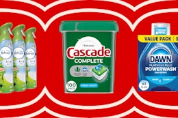 household products collage: Cascade, Dawn, and Febreze