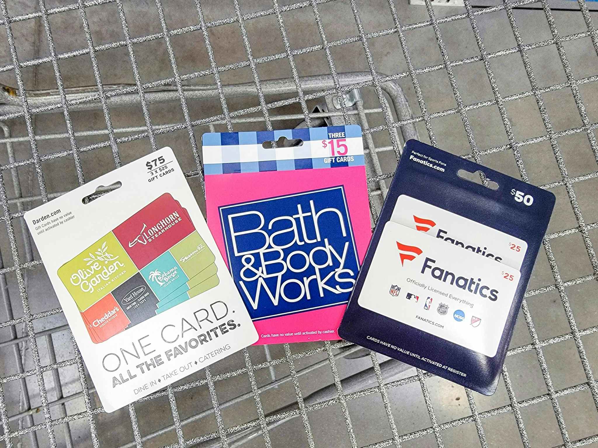gift cards for darden restaurants, bath and body works, and fanatics