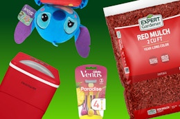 red frigidaire ice maker, venus razors, stitch plush, and red mulch