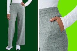 2 images of the Athletic Works Women's ButterCore Wide Leg Pants in the color "Black Lapis Heather"