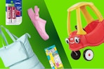Pez, Nivea lip balm, Crocs, Little Tikes car, and storage bag