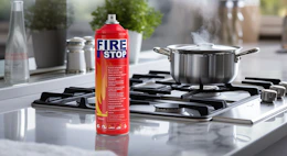 a fire extinguisher on a kitchen counter