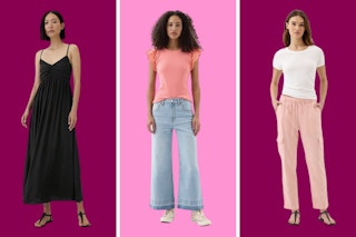 A triptych of women in Gap Factory clothing