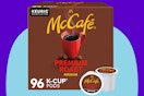 McCafe Premium Roast Coffee, Keurig Single Serve K-Cup Pods on a blue background.