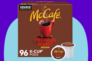 McCafe Premium Roast Coffee, Keurig Single Serve K-Cup Pods on a blue background.