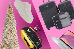 prelit christmas tree, white slippers, vaclife tire inflator, black luggage set, asus laptop