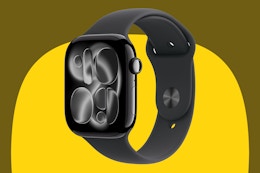 Apple Watch Series 11 [GPS 46mm] on a yellow background.