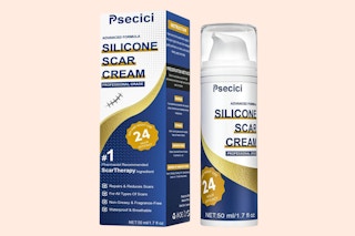 A box and bottle of Psecici Silicone Scar Cream