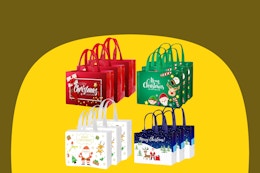 12 Christmas bags, 3 each of 4 designs in red, green, white, and blue