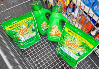 two Gain flings and two Gain detergents inside cart