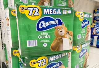 a large 18-pack of charmin ultra soft bath tissue in a store