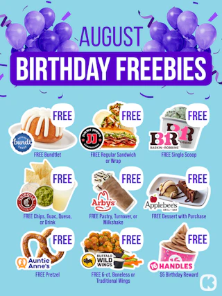 graphic showing restaurants with august birthday freebies
