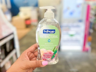 hand holding one bottle of Softsoap hand soap in aisle