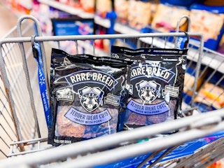 two rare breed dog treats in walmart cart