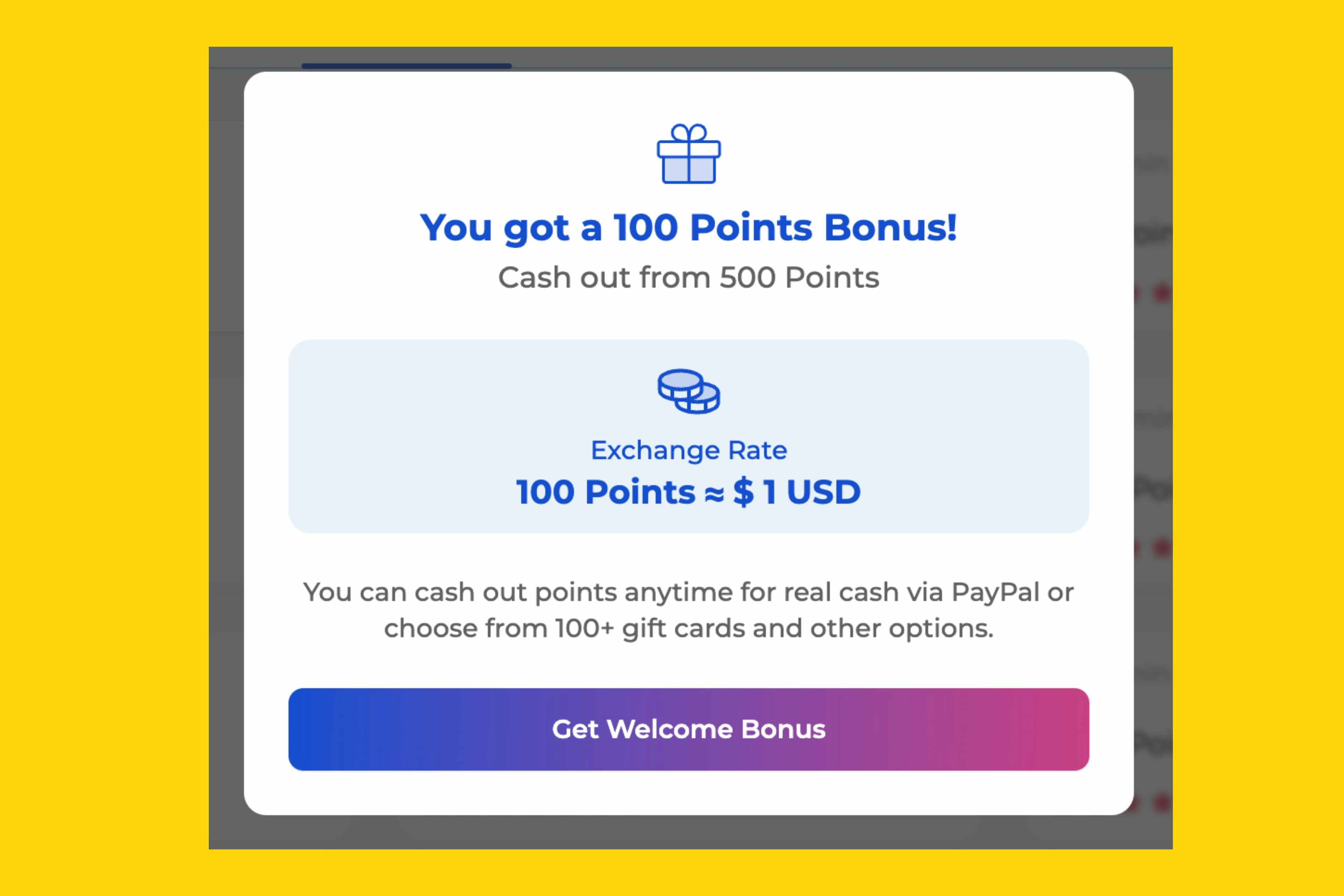 A photo of a popup showing a 100 points bonus