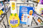 mr clean clean freak and magic erasers in a cart