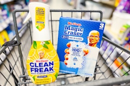 mr clean clean freak and magic erasers in a cart
