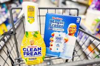 mr clean clean freak and magic erasers in a cart