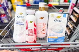 dove body wash and bar soaps in a cart