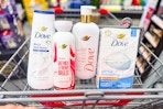 dove body wash and bar soaps in a cart