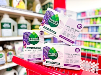 3 seventh generation dryer sheet boxes sitting on a target cart
