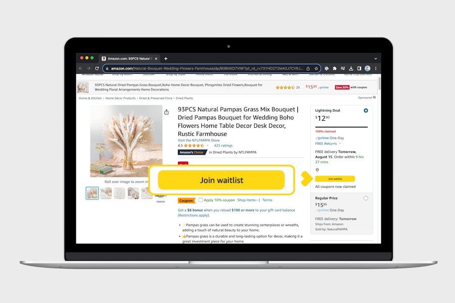 laptop screenshot with amazon lightning deals and waitlist button